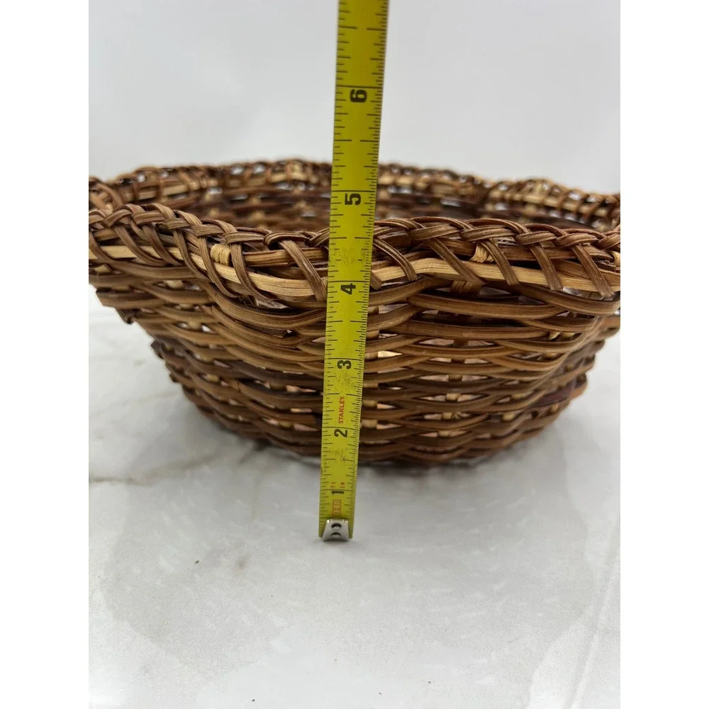 Vintage Scalloped Wicker Basket Handwoven Two Tone Brown Round Decorative Bowl